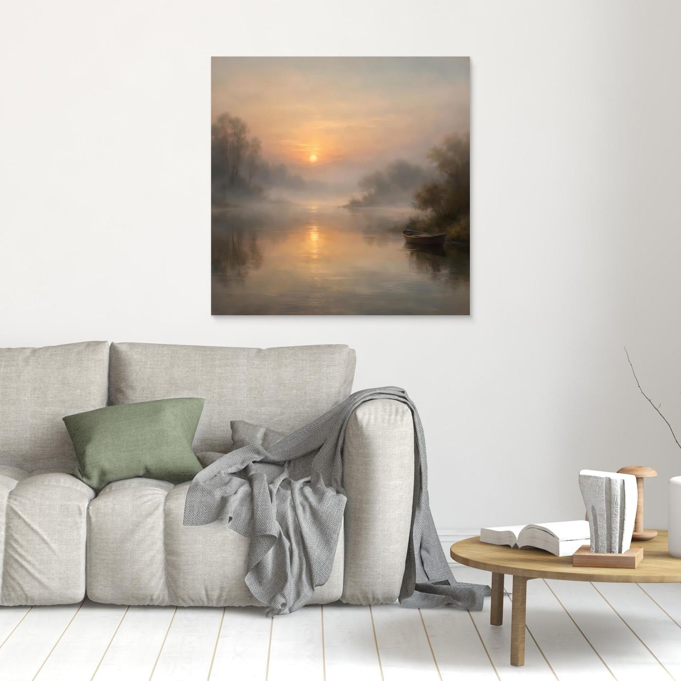 Leinwandbild: nebliger Flussmorgen mit Sonnenaufgang, ruhiges Wasser und Boot