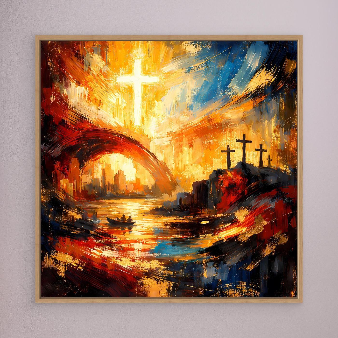 Leinwandbild mit goldenem Kreuz und warmen Pinselstrichen, braun gerahmt