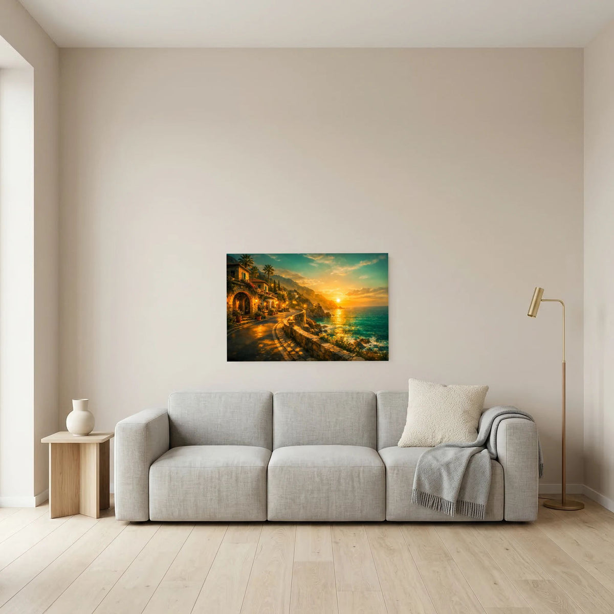 Wandbild mit Küstenstraße und goldenem Sonnenuntergang am Meer, Querformat