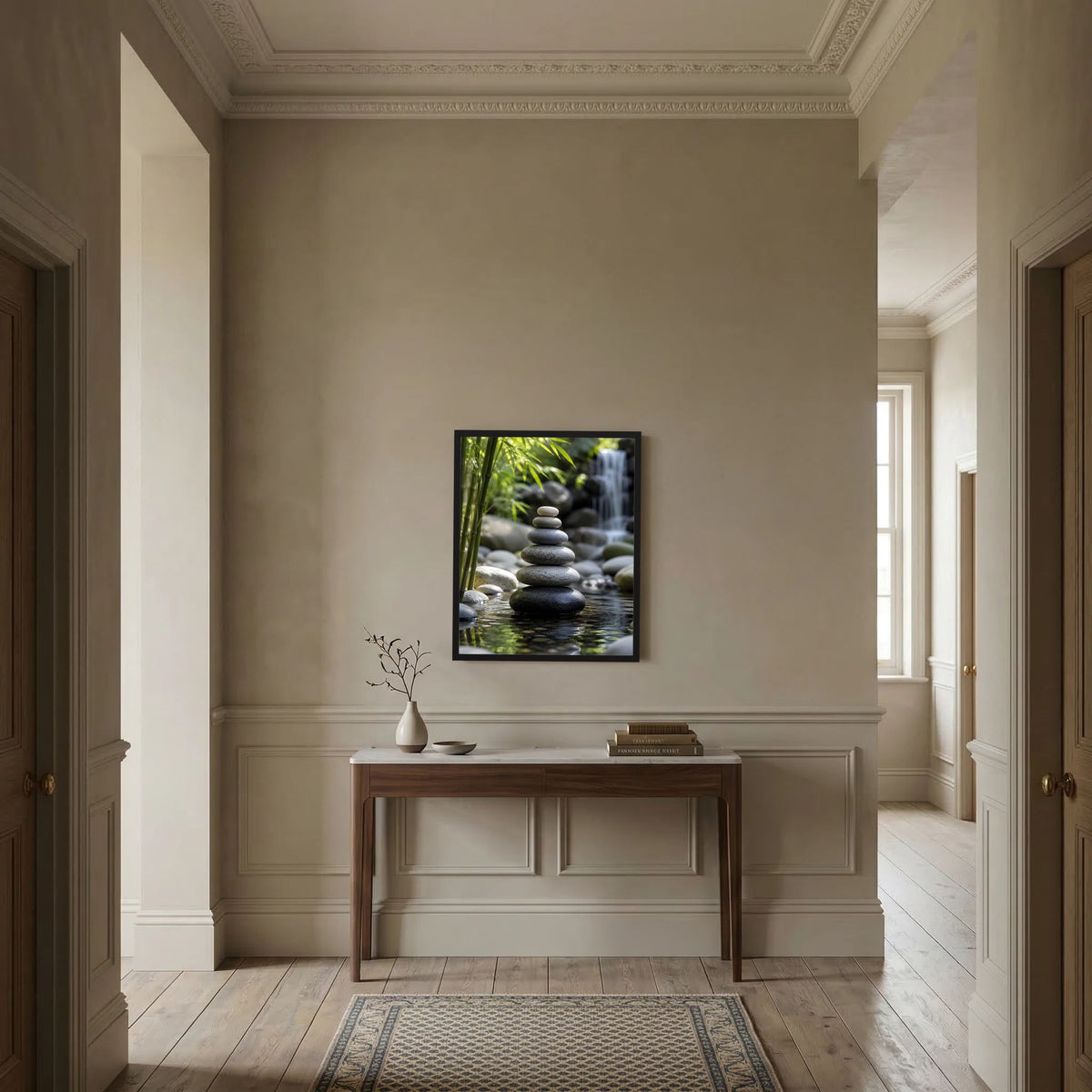 Hochformat-Kunstposter mit Steinturm, Bambus und Wasserfall, mittig an Wand gerahmt