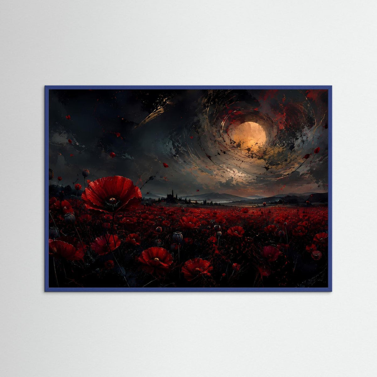 Leinwandbild mit Mohnblumenfeld und Mond in dunkler Nacht, blauer Rahmen