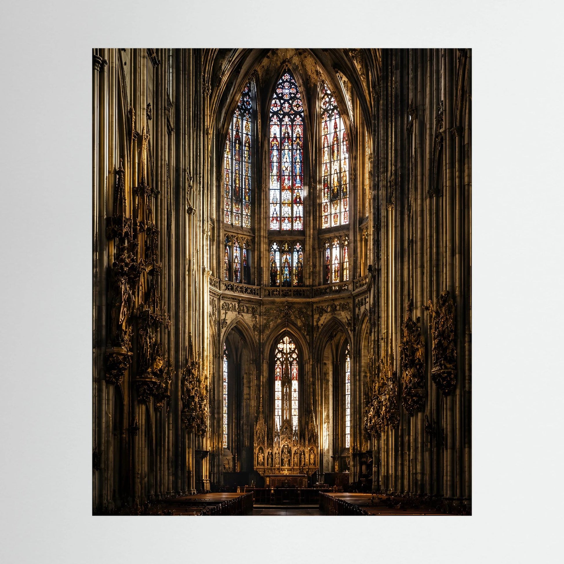 Hochformatiges Kunstposter: gotischer Kircheninnenraum mit Buntglasfenstern, schwarz gerahmt