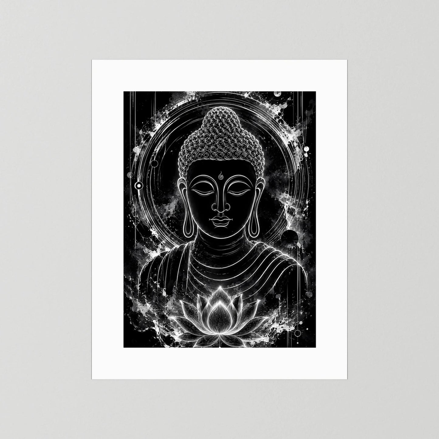 Hochformat-Poster mit Buddha-Gesicht, Lotusblüte und Lichtkreis, schwarz-weiß, ohne Rahmen
