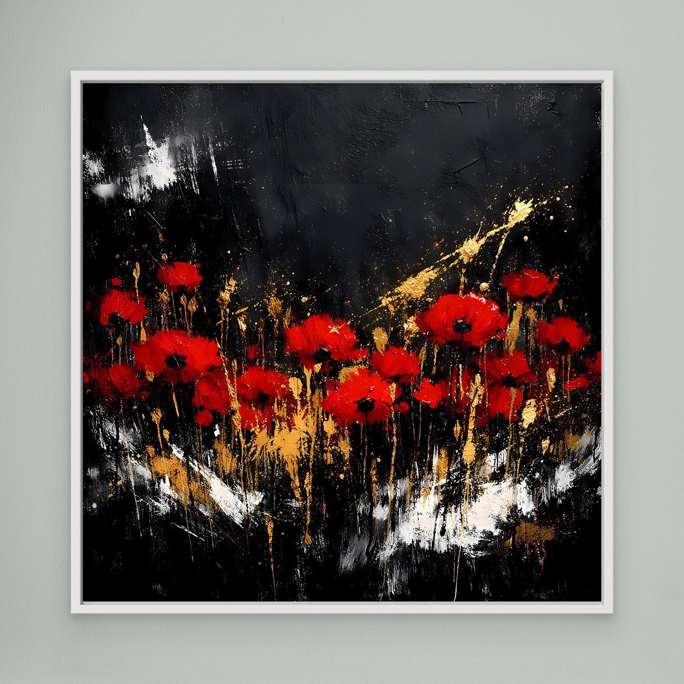 Leinwand Rote Mohnblumen mit Gold-Akzenten | Modernes Florales Wandbild Abstrakt