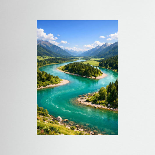 Flusslandschafts-Poster: türkisgrüner Fluss durch Alpenlandschaft, Hochformat