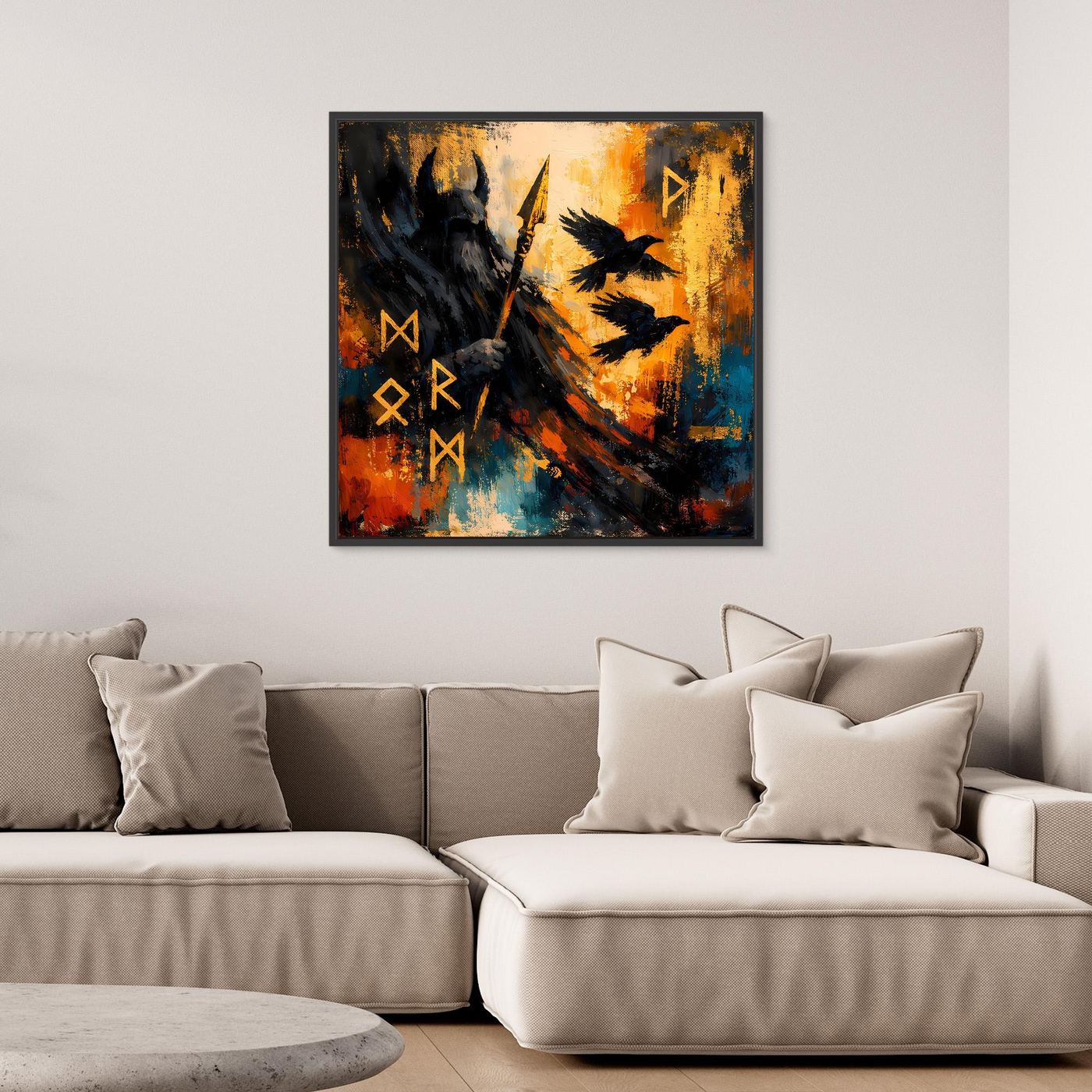 Leinwandbild: abstrakter Odin mit Rabe und Speer, gelb-orange Blautöne