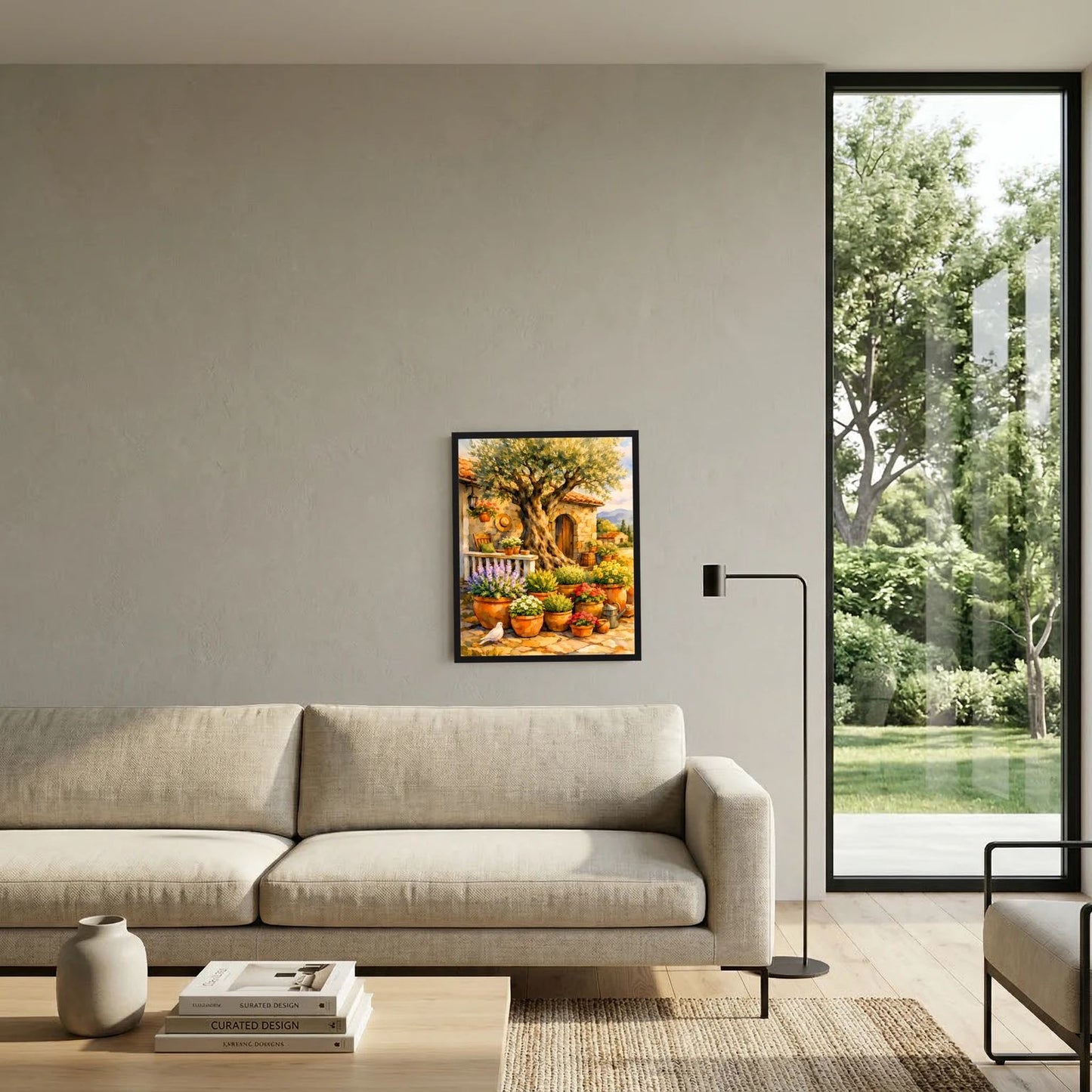 Wandbild im Hochformat mit Olivenbaum und Blumentöpfen, daneben Sofa und große Tür