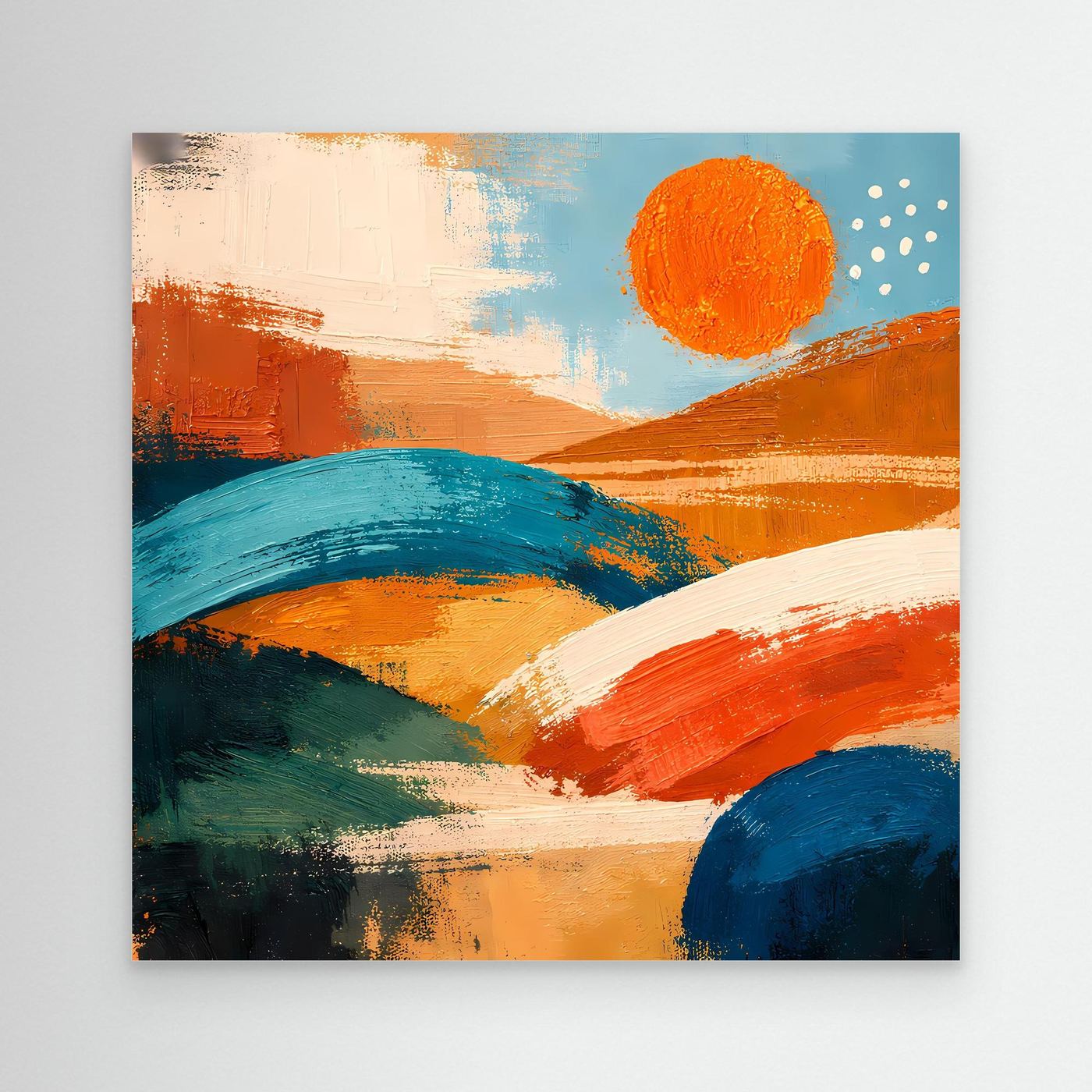 Unframed abstract landscape wall art: orange and blue hills with orange sun