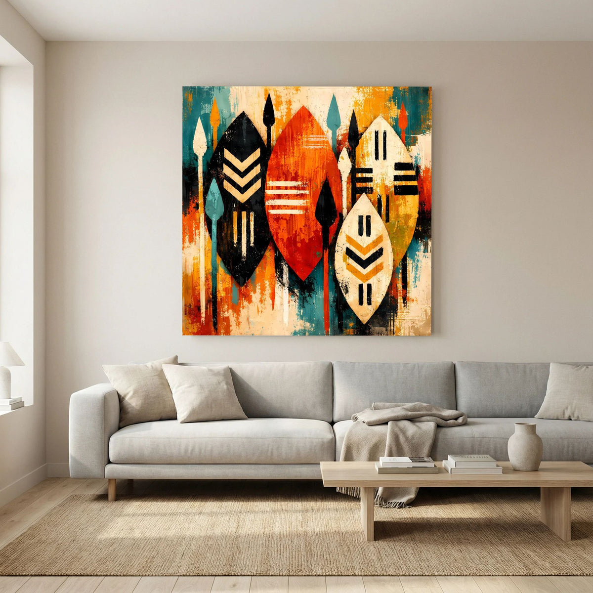 Leinwand-Wandbild über Sofa: stilisierte afrikanische Schilde mit Musterformen, bunt und kräftig