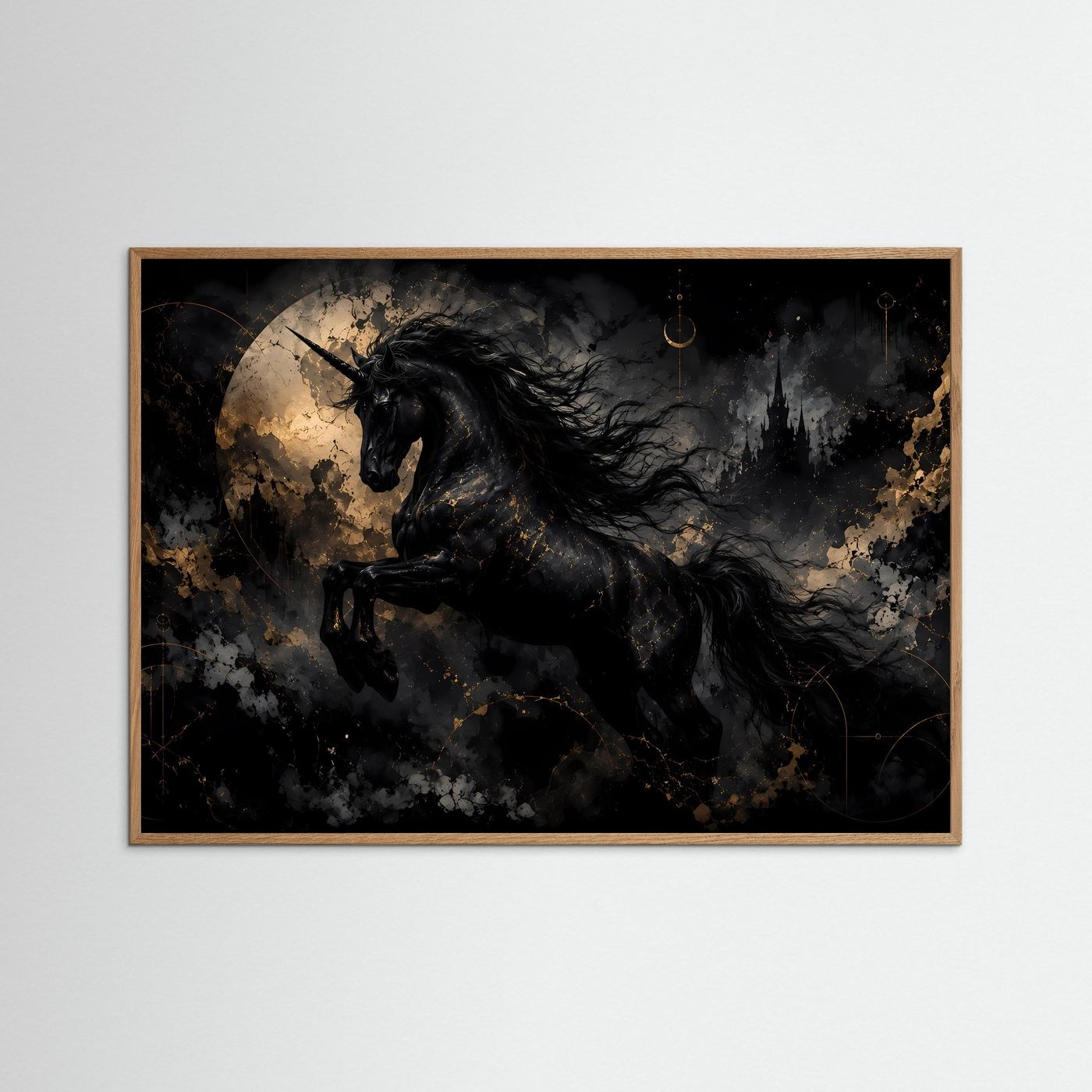 Schwarzes Einhorn Poster | Mystische Fantasy Wandkunst | Gothic Unicorn | Gold Schwarz Kunst | Premium Leinwandbild