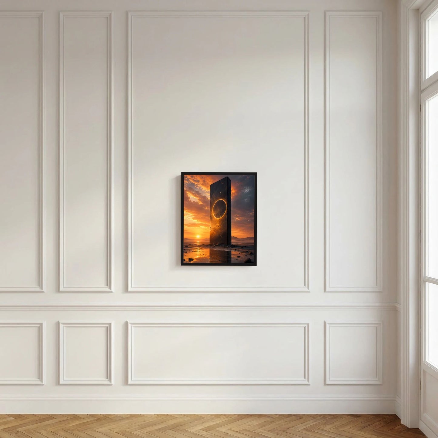 Hochformat-Poster an der Wand mit schwarzem Monolithen und goldenem Portalring bei Sonnenuntergang.