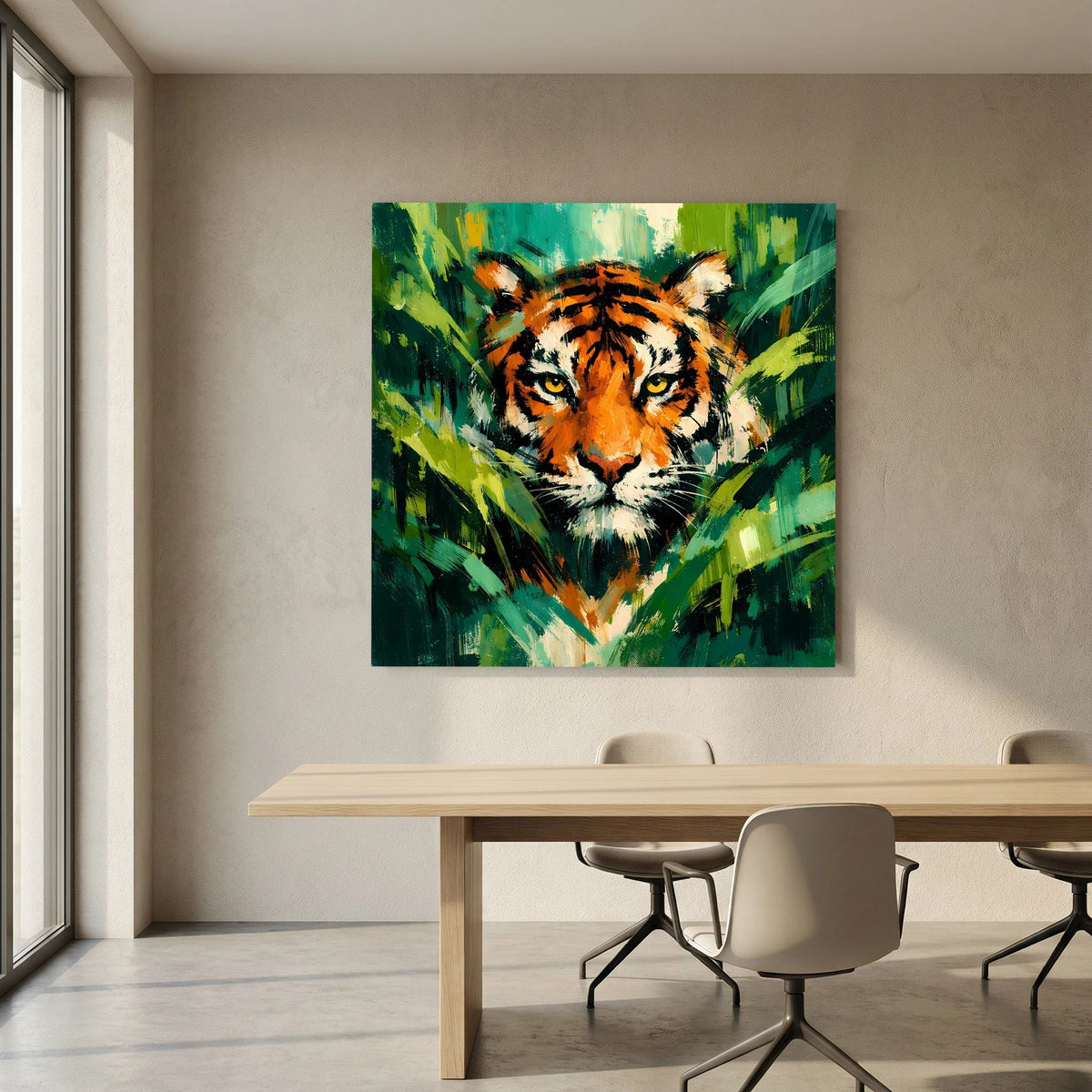 Leinwand Abstraktes Tiger Gemälde | Modernes Wandbild Raubkatze Dschungel Grün Orange