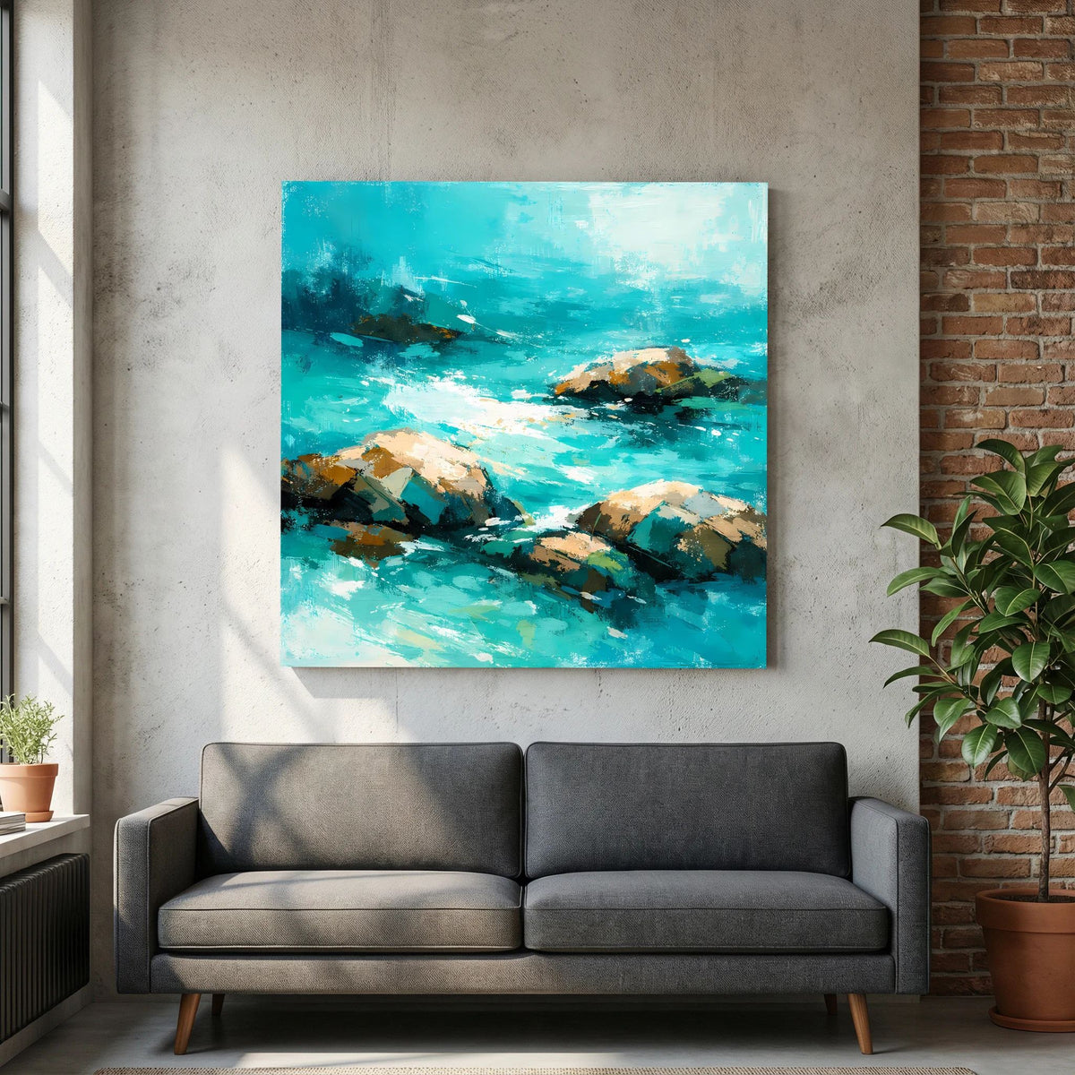Leinwand-Wandbild mit abstraktem Meer in Türkis und Felsen auf Leinwand