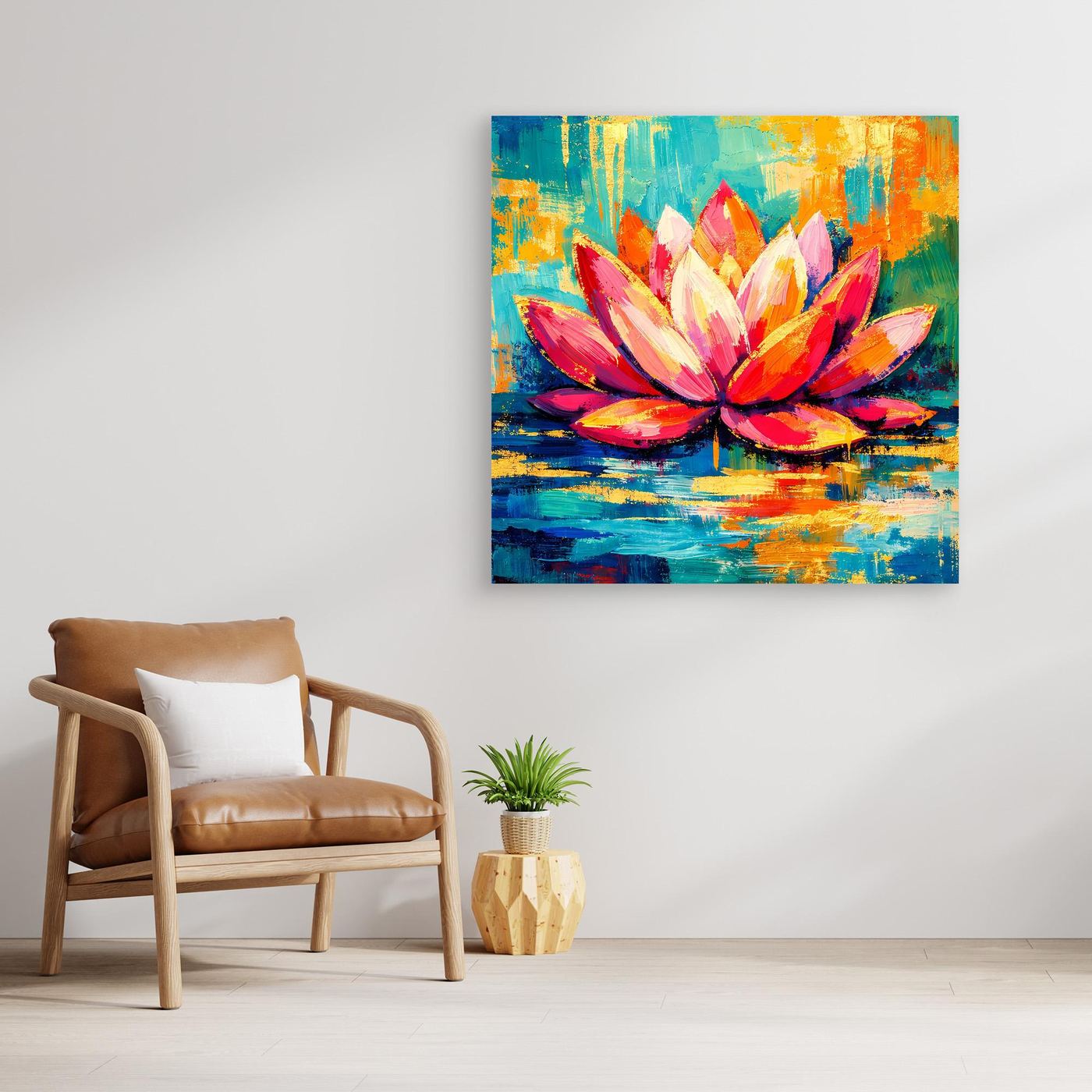 Abstraktes Lotus-Leinwandbild mit farbenfrohen Blüten und Reflexion im Wasser