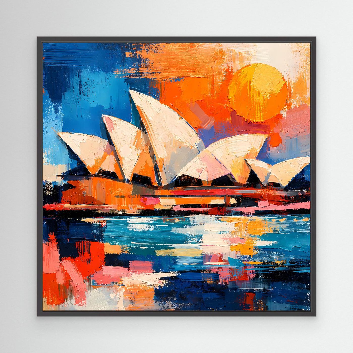 Abstract Sydney Opera House wall art canvas in black frame with blue water and orange sun