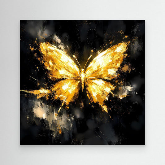Abstraktes Leinwandbild mit goldenem Schmetterling auf dunklem Hintergrund