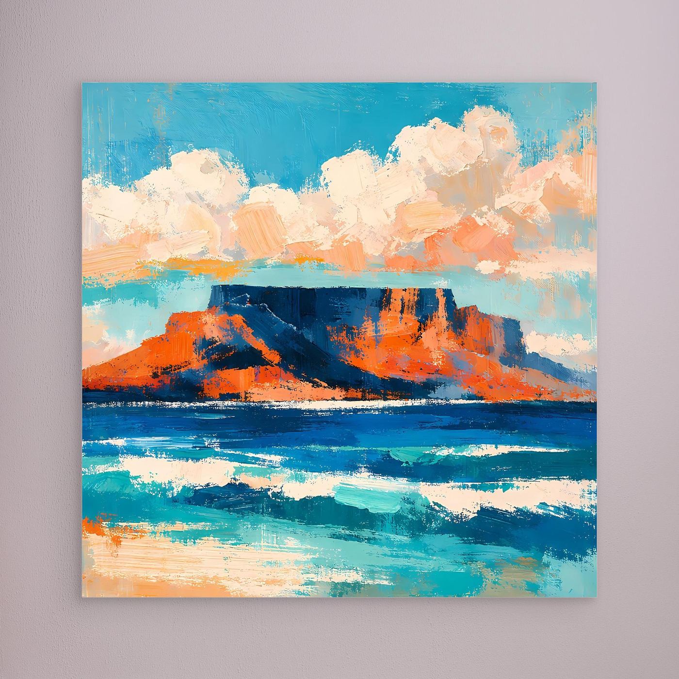Abstraktes Leinwand-Wandbild mit Meer, Küste und Bergen ohne sichtbaren Rahmen