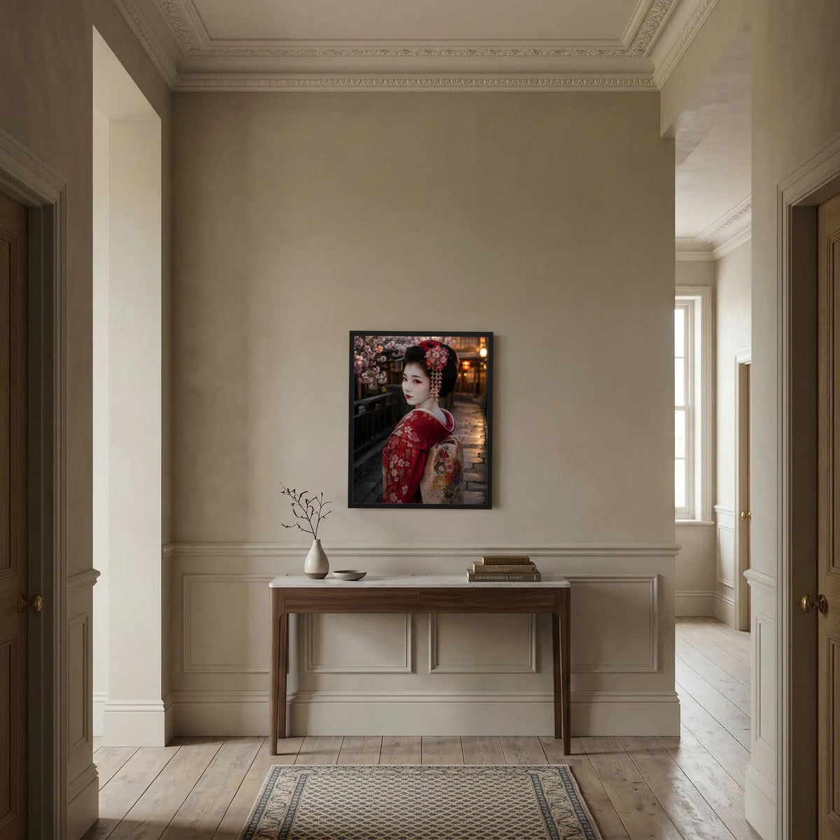 Wandposter im Hochformat mit Geisha im roten Kimono, kleiner Bildausschnitt