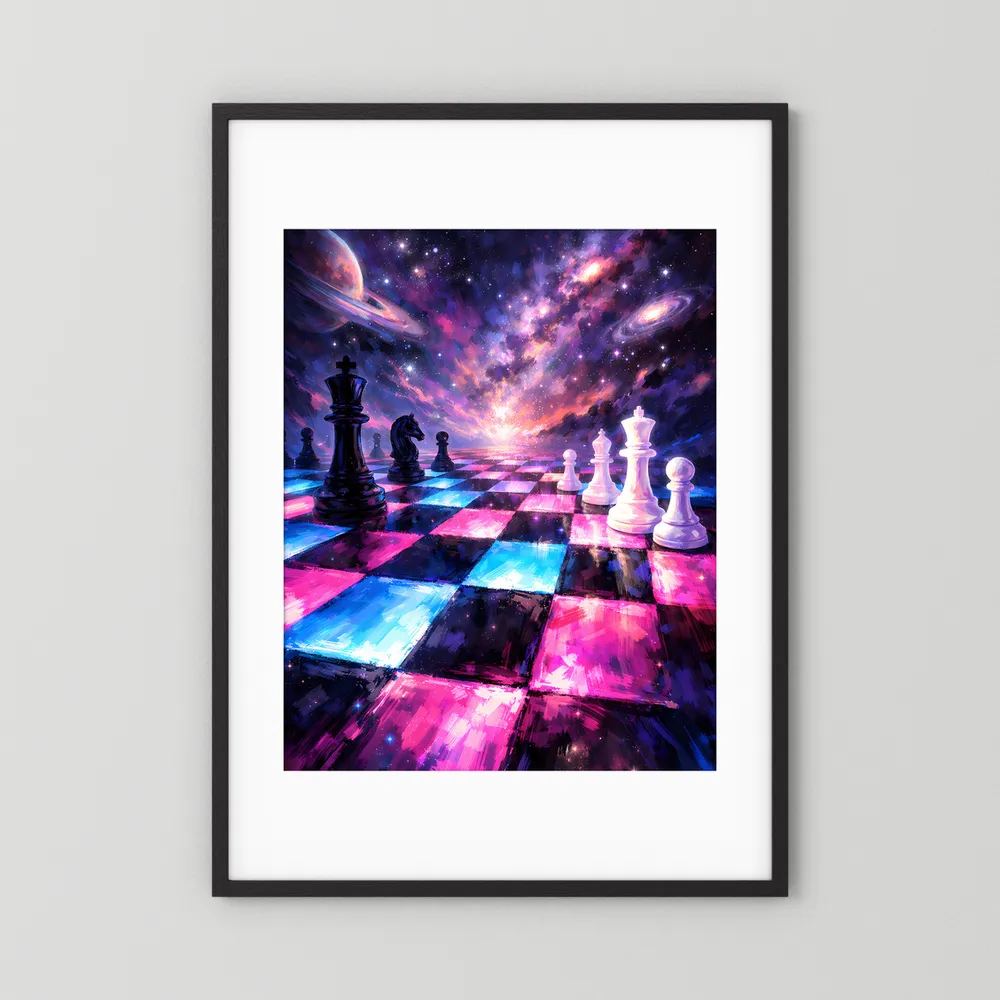 Schachposter im schwarzen Rahmen mit weißem Rand und Galaxie-Schachbrett