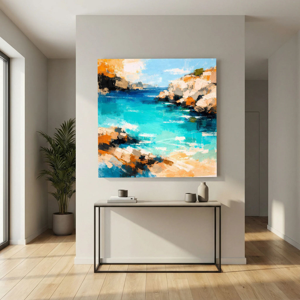 Abstraktes Wandbild der Klippenbucht: türkisfarbenes Wasser, orange und beige Küstenstreifen