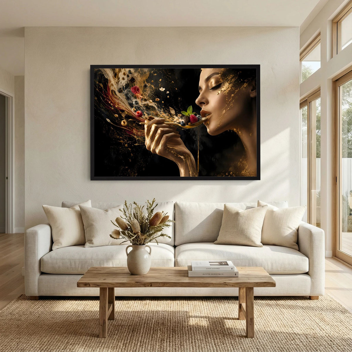 Querformat-Poster im schwarzen Rahmen mit Frauenporträt, goldene Spritzer und Beeren