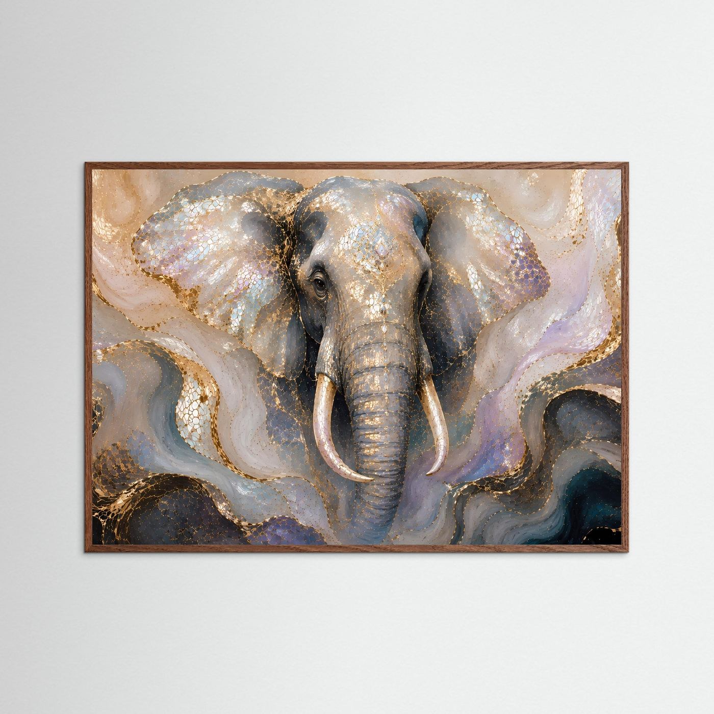Querformatiges Elefantenposter mit gold-schimmerndem Mosaik, dunkler Holzrahmen