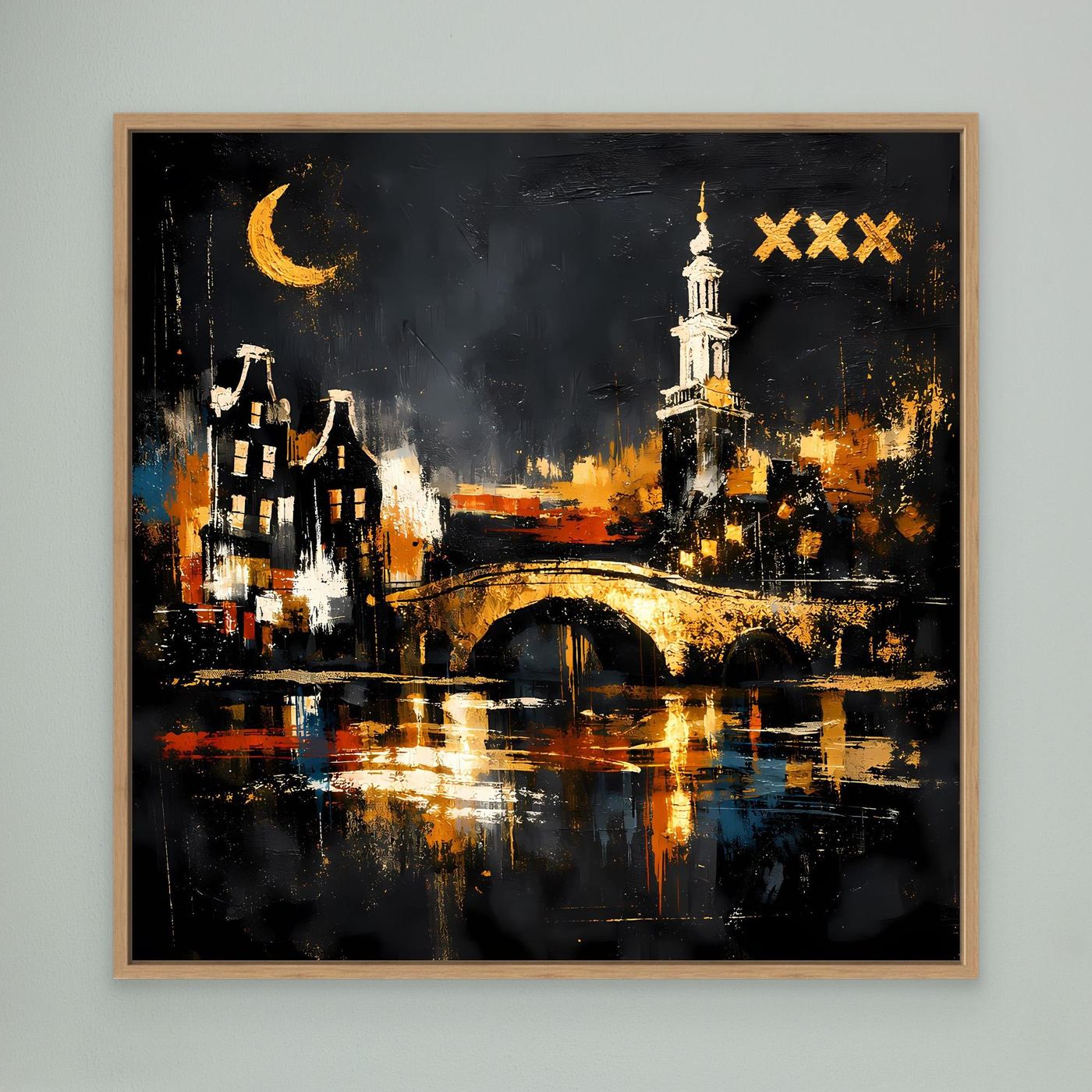 Leinwand Romantische Grachten von Amsterdam bei Nacht | Modernes Holland Wandbild
