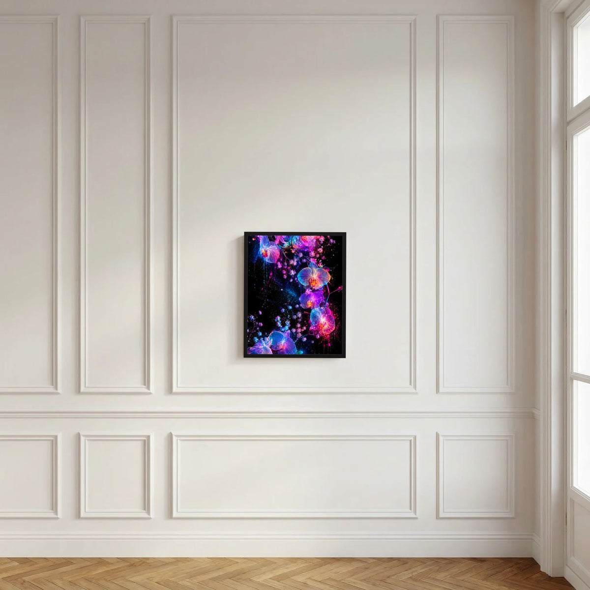 Gerahmtes Wandbild: Hochformat-Kunstposter mit leuchtenden Orchideen in Violett und Blau