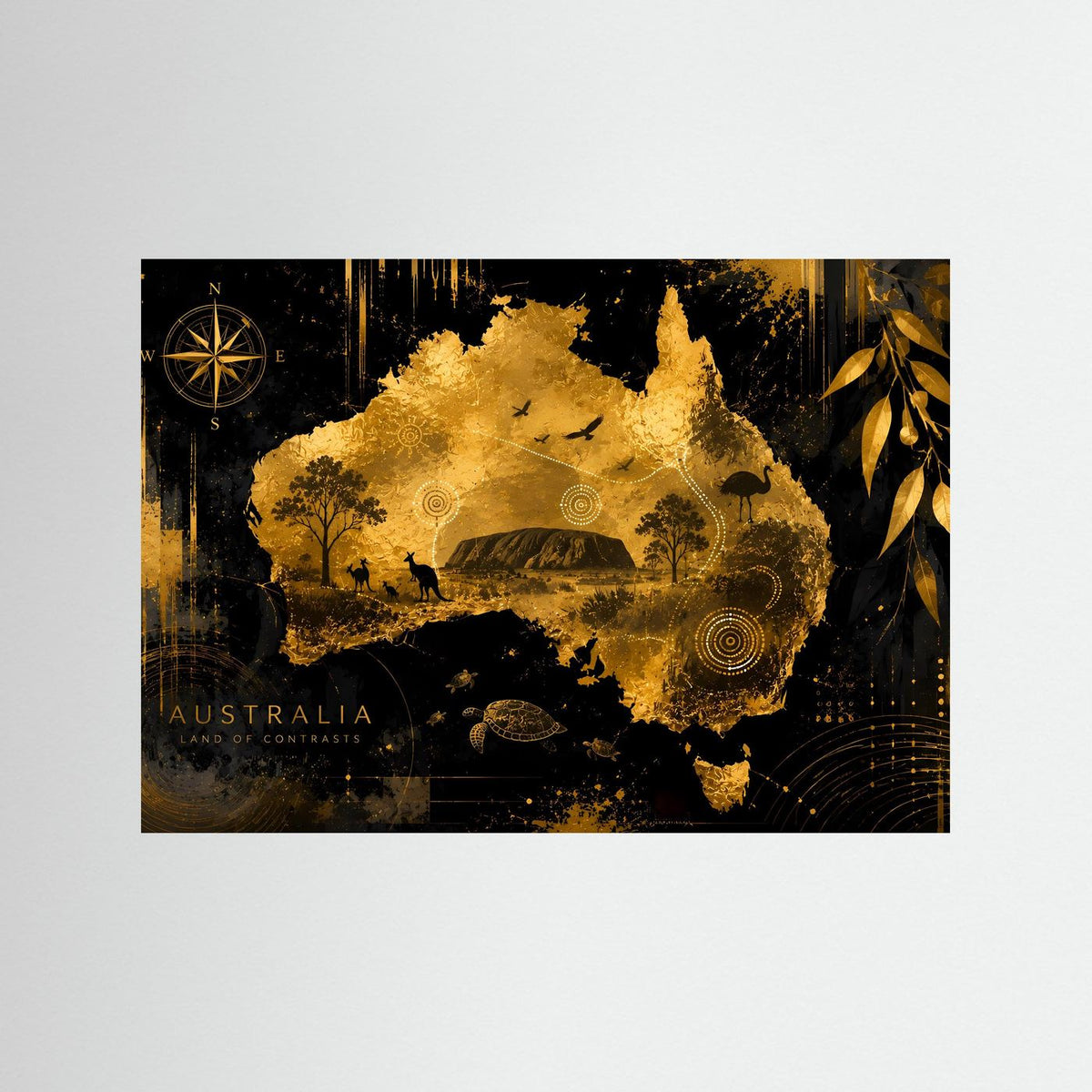 Poster mit abstrakter Australienkarte in Schwarz und Gold, Känguru- und Uluru-Motiv