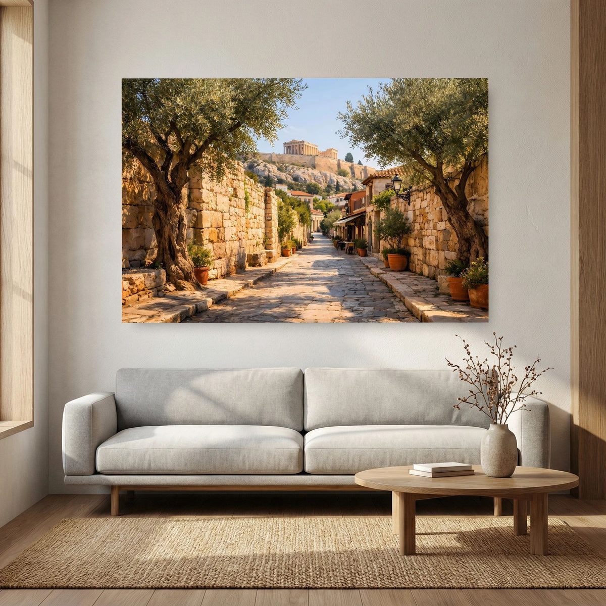 Wandbild im Querformat an der Wand: Altstadtweg zwischen Steinwänden, Akropolis in Sicht