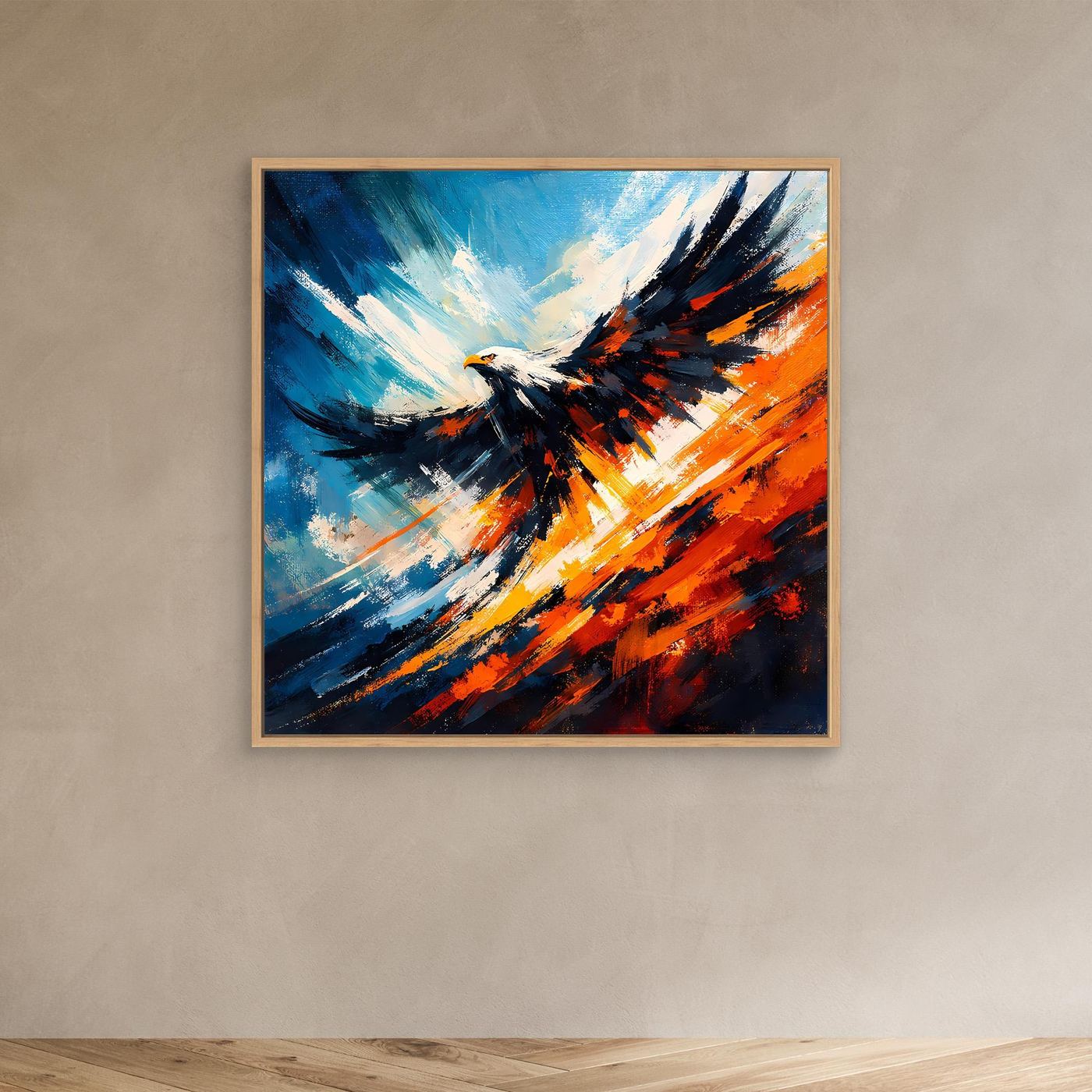 Abstraktes Leinwand-Wandbild mit Adler im Flug, blau-orange Farbverlauf, Eichenrahmen