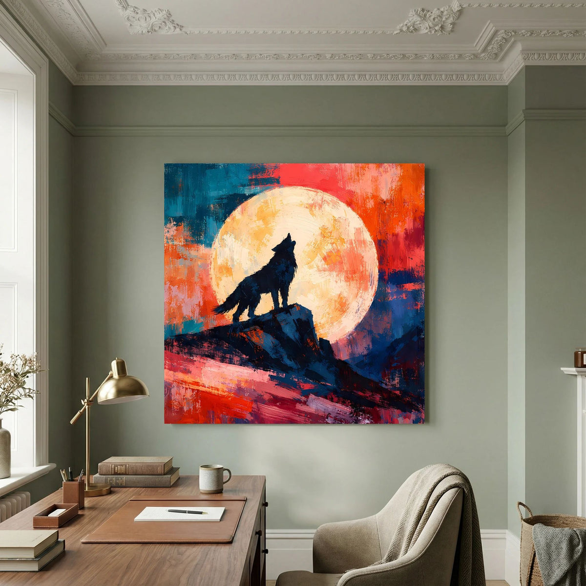 Leinwand Abstraktes Wolf Gemälde | Modernes Mystisches Wandbild Heulender Wolf Vollmond