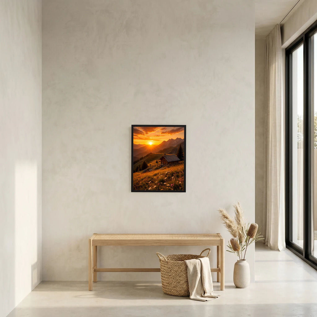 Hochformat-Poster mit Alpenhütte im Sonnenuntergang, schwarzer Rahmen