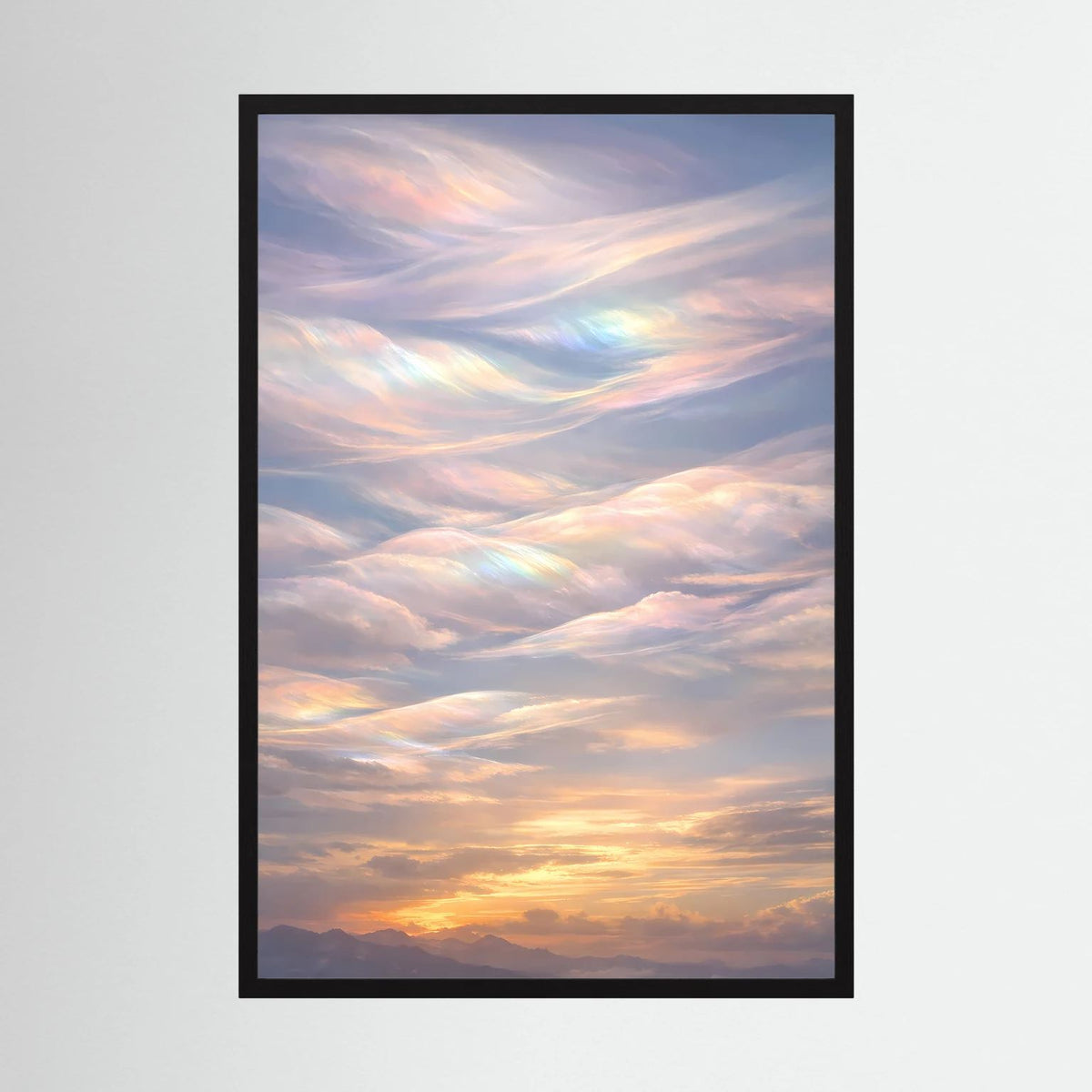 Hochformatiges Poster mit schwarz gerahmtem Motiv: schimmernde Pastellwolken bei Sonnenuntergang.
