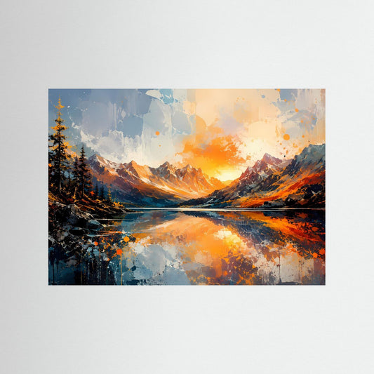 Abstraktes Wandbild: Gebirgslandschaft mit Bergsee, Sonnenuntergang in Orange und Blau