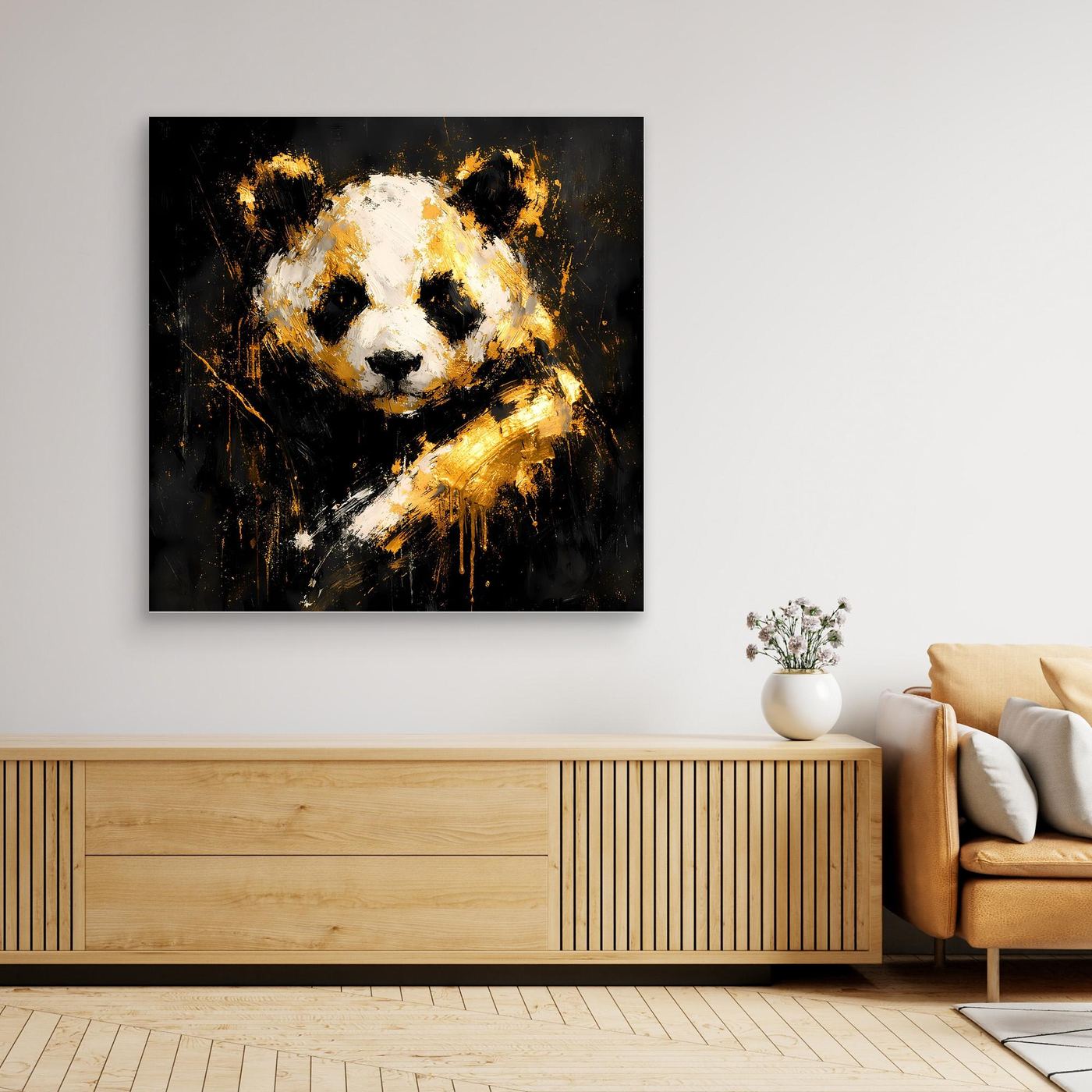 Leinwand Abstrakter Panda in Gold und Weiß | Modernes Tier Wandbild