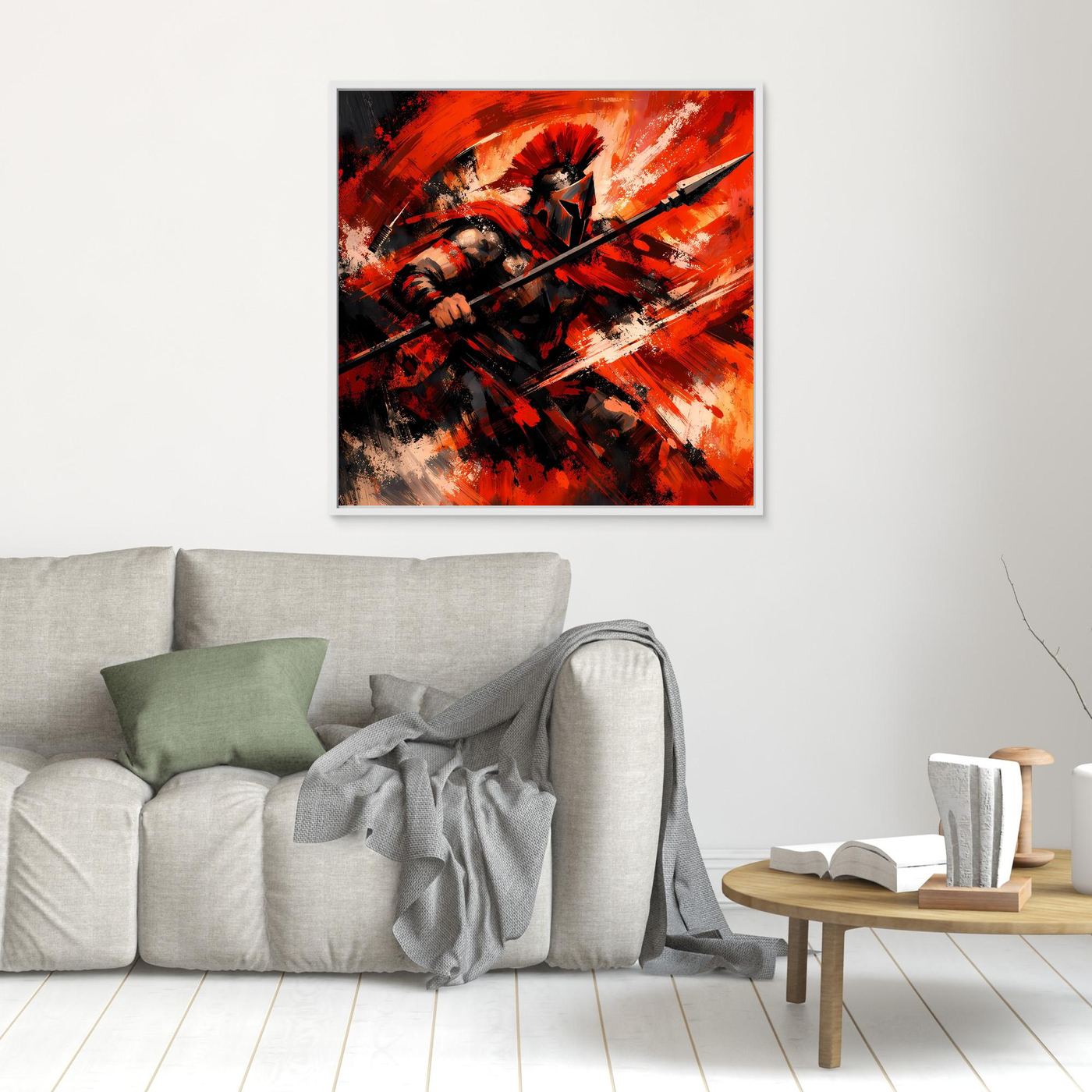 Leinwandbild mit Spartaner-Krieger in Rot/Orange und Speer, schwarz gerahmt