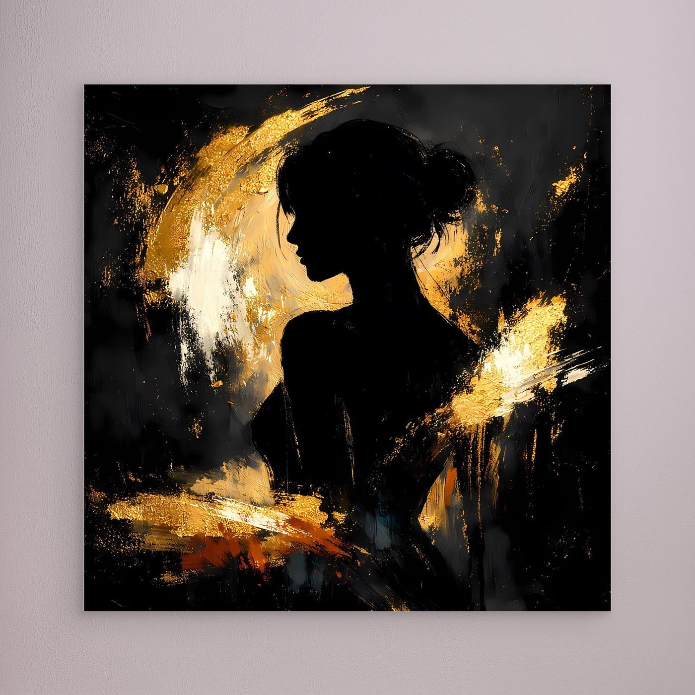 Leinwand Elegante Silhouette in Gold und Schwarz | Modernes Abstraktes Frauen Portrait Wandbild