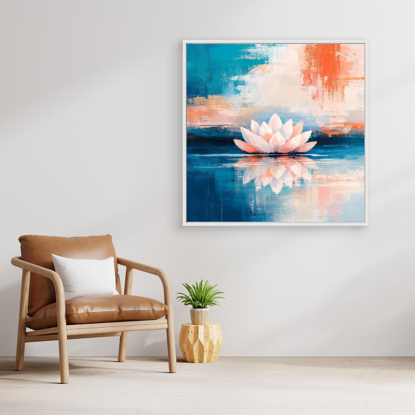Leinwand Abstrakte Lotusblüte auf dem Wasser | Modernes Seerosen Wandbild Blau Orange