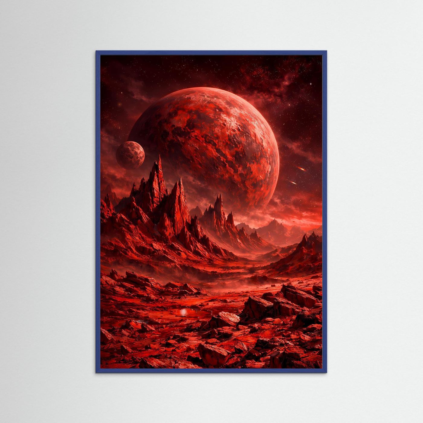Sci‑Fi-Kunstposter mit blauem Rahmen: roter Planet, Felszacken und rote Weltraumlandschaft