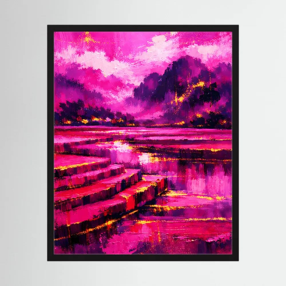 Gerahmtes abstraktes Landschafts-Poster (hochkant) mit Pink-, Magenta- und dunklen Baumformen