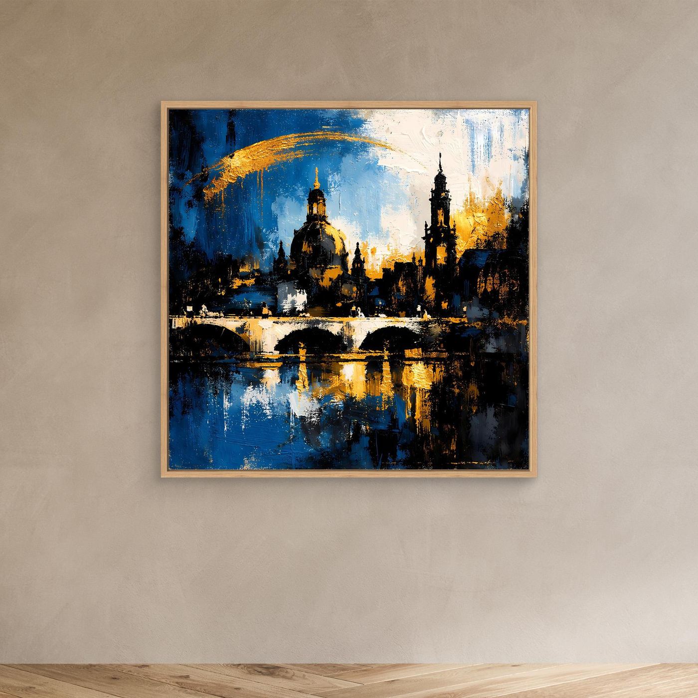 Leinwand-Wandbild mit abstrakter Skyline in Blau, Gold und Schwarz, Elbansicht mit Holzrahmen