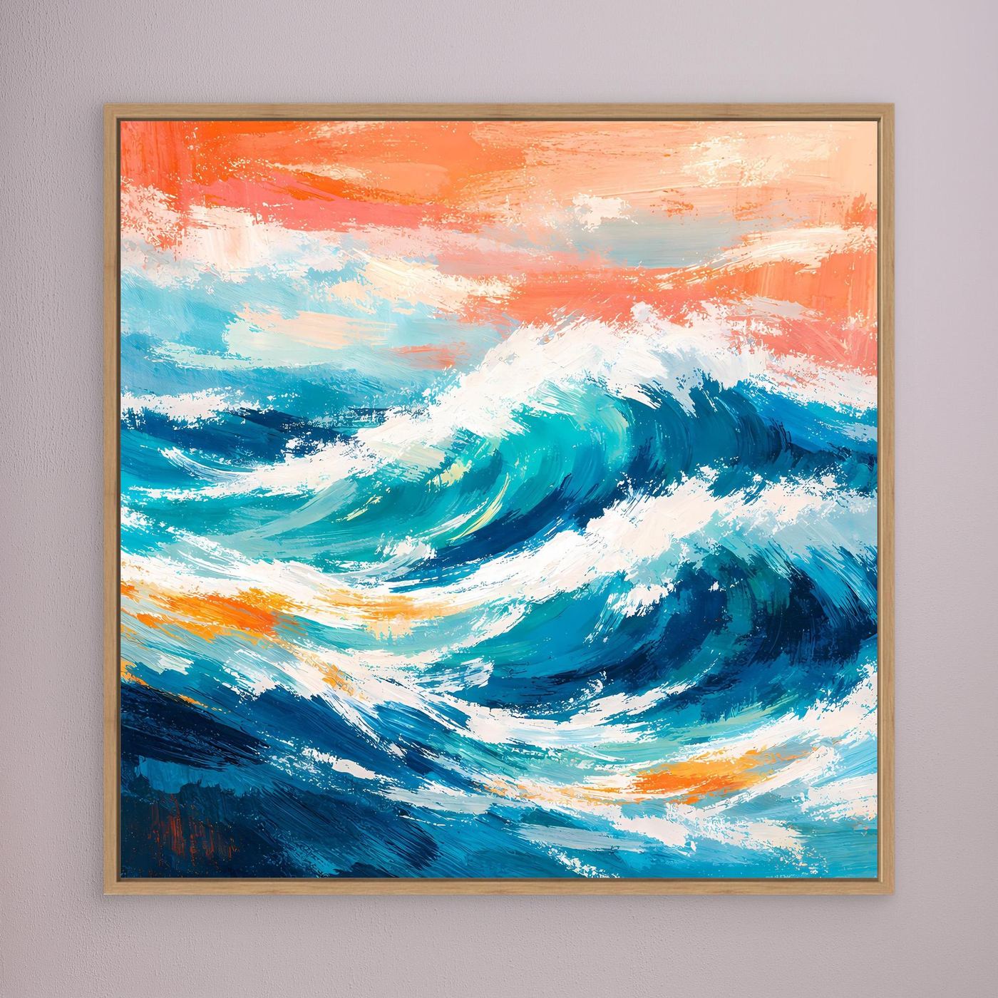 Abstraktes Leinwandbild mit türkisblauer Meereswelle und orangefarbenem Himmel, Holzrahmen