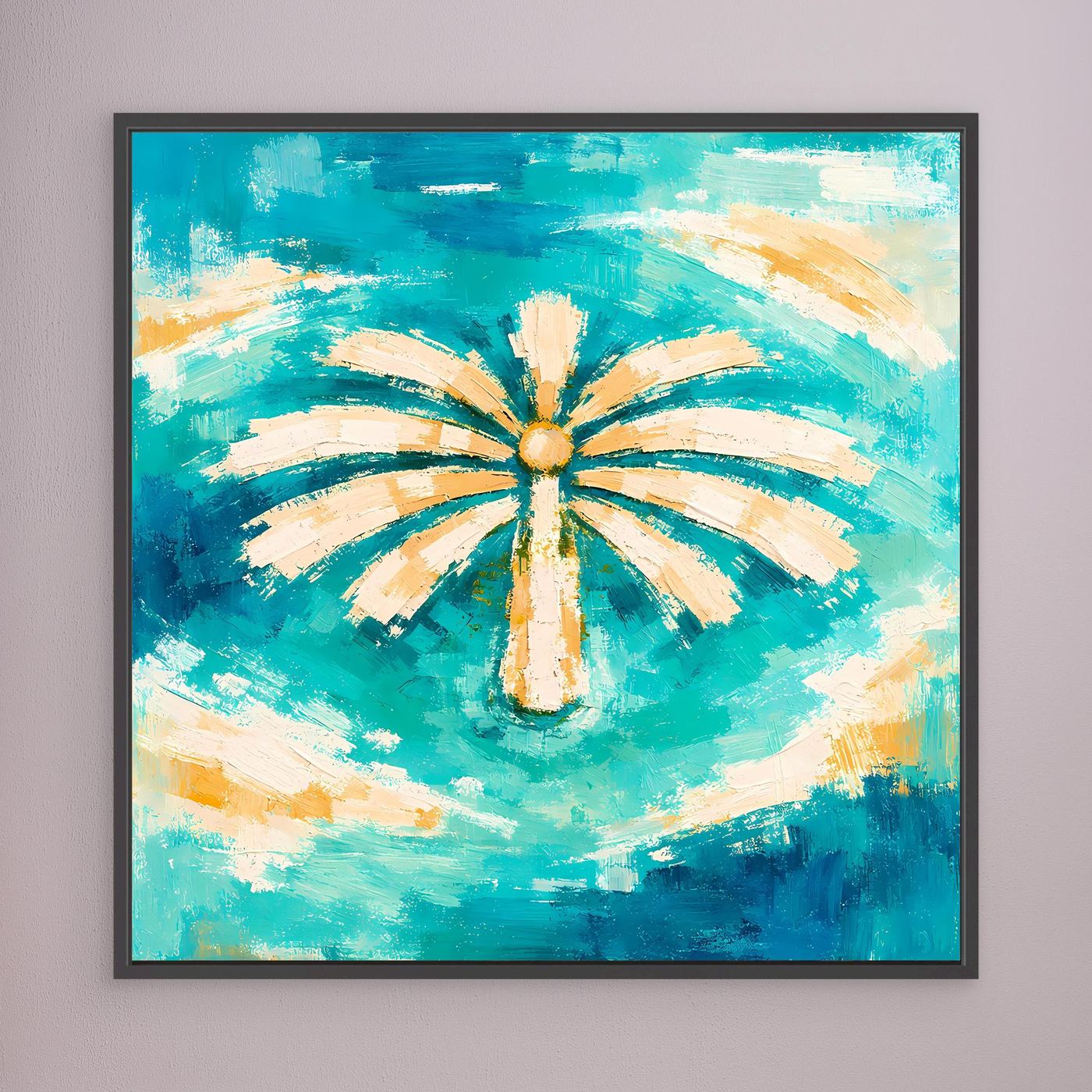 Leinwand Abstrakte Palme im Meer | Modernes Dubai Palmeninsel Wandbild Türkis