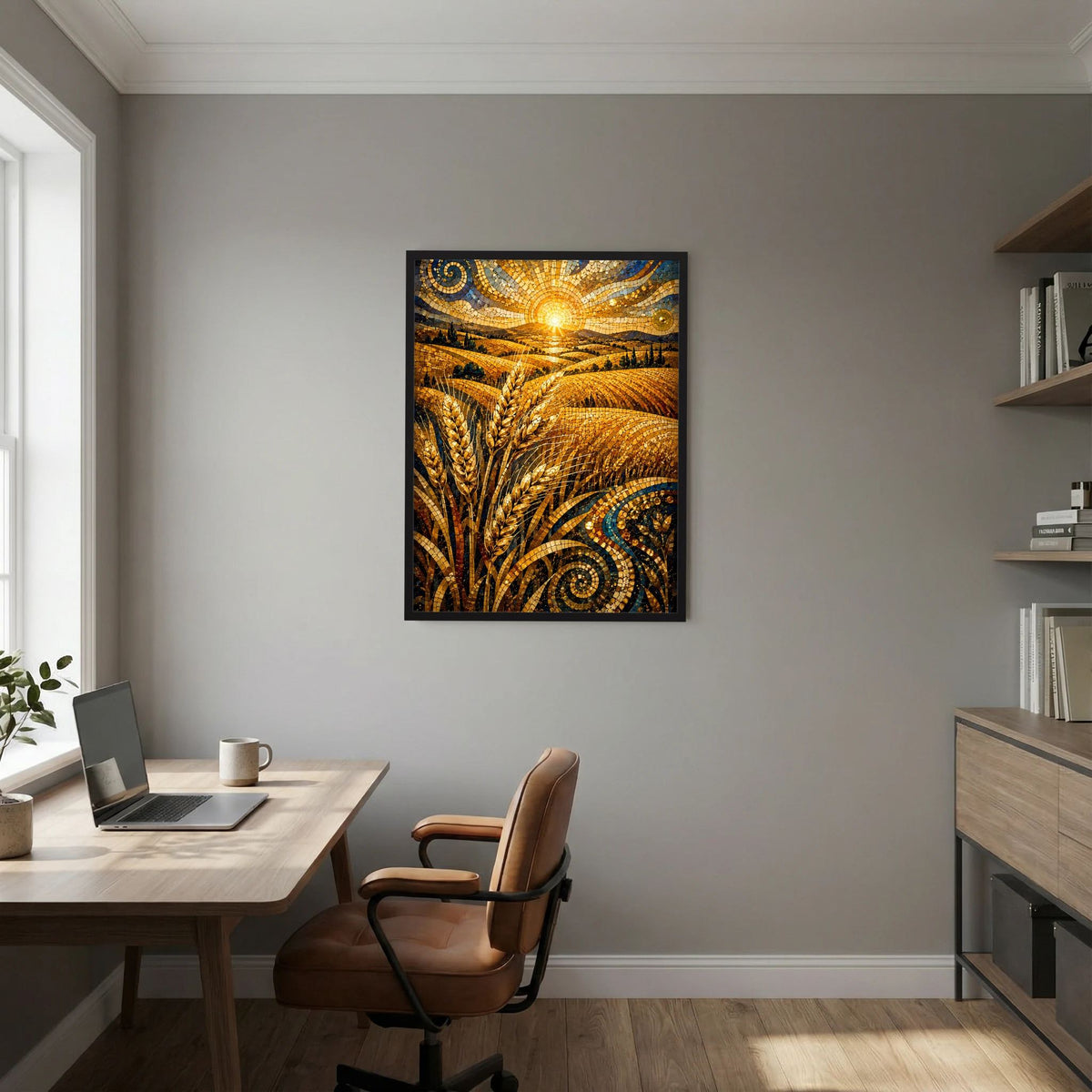 Gerahmtes Poster mit goldenen Ähren im Mosaik und leuchtender Sonne am Horizont