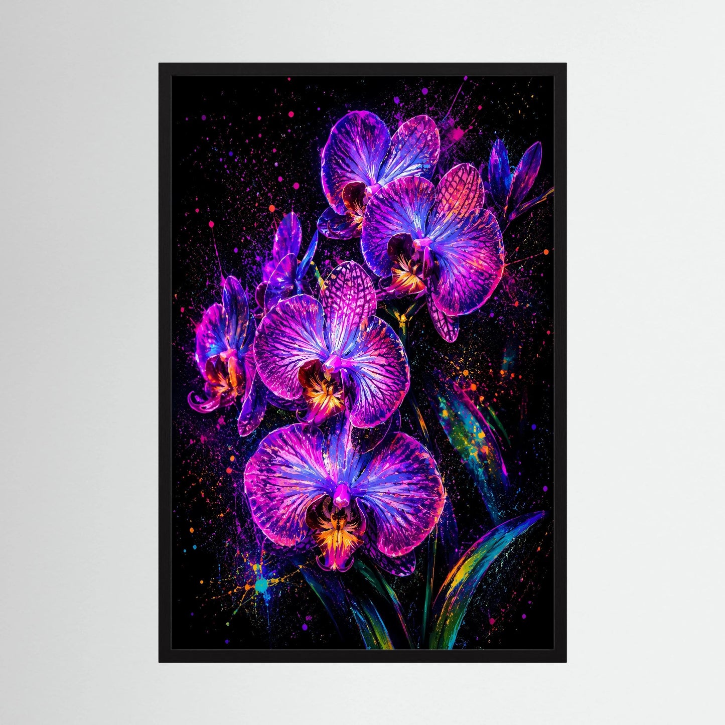 Hochformatiges Blumenposter mit leuchtenden Orchideenblüten in Neon-Pink und Violett, schwarzer Rahmen