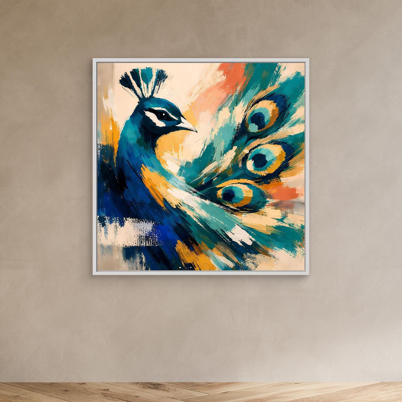 Peacock canvas wall art with abstract blue teal feathers and golden accents, light frame