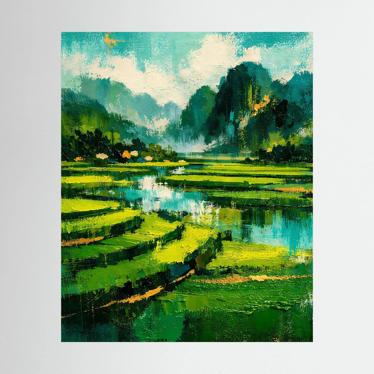 Grünes Landschafts-Poster mit Fluss und Wiesen im Querformat, ohne Rahmen