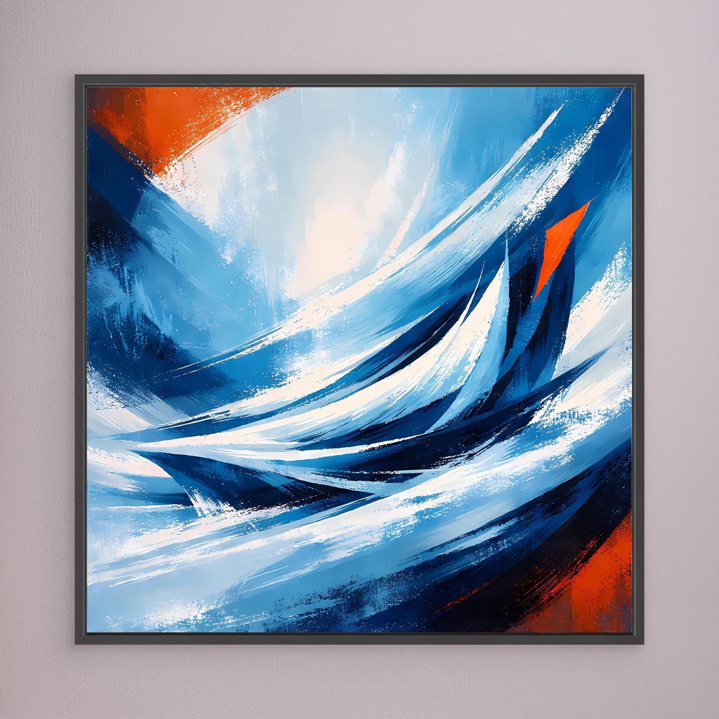 Abstraktes Leinwandbild mit Wellen in Blau, Weiß und Orange, schwarzer Rahmen.