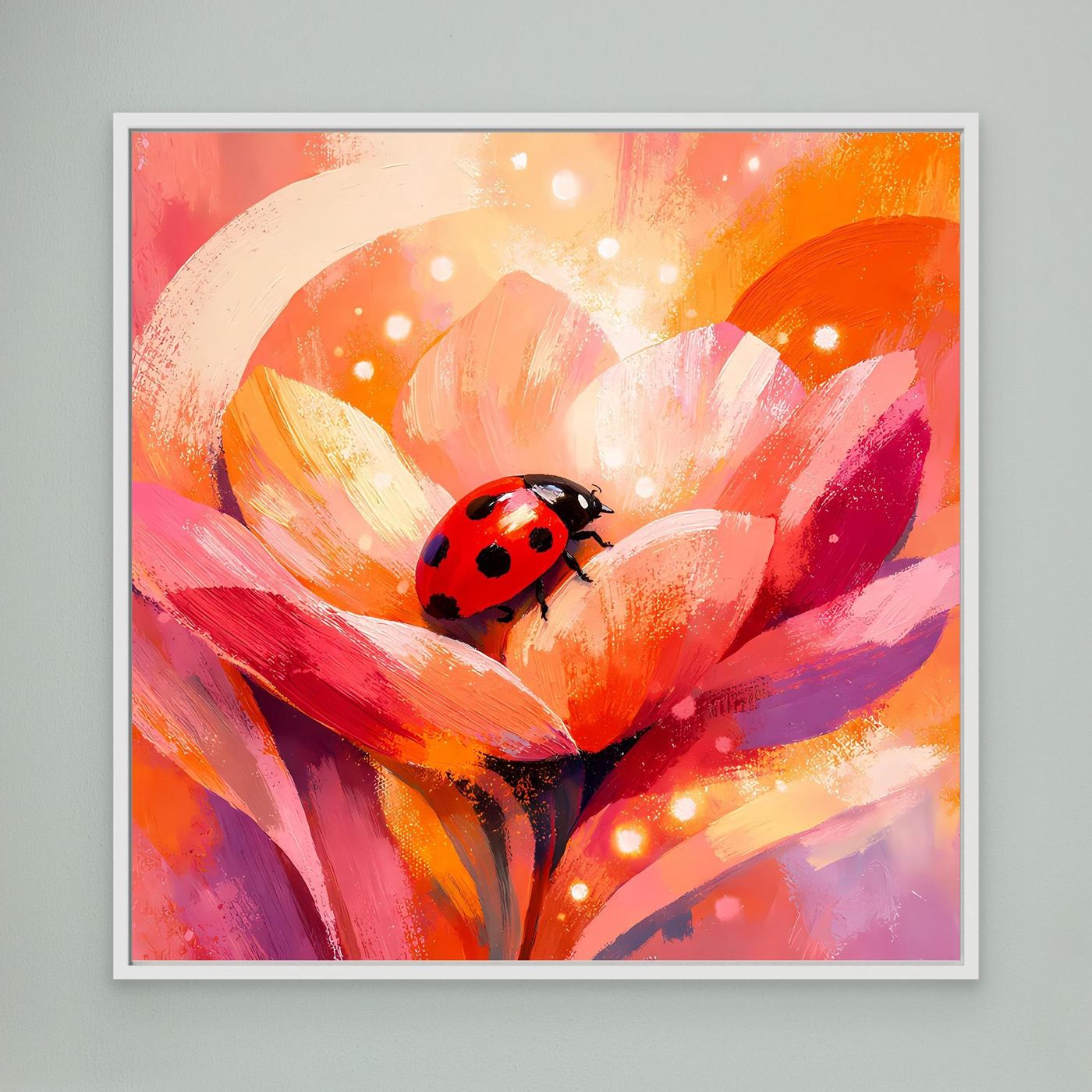 Leinwandbild mit Marienkäfer auf Blüte, abstrakte Blume, weißer Rahmen